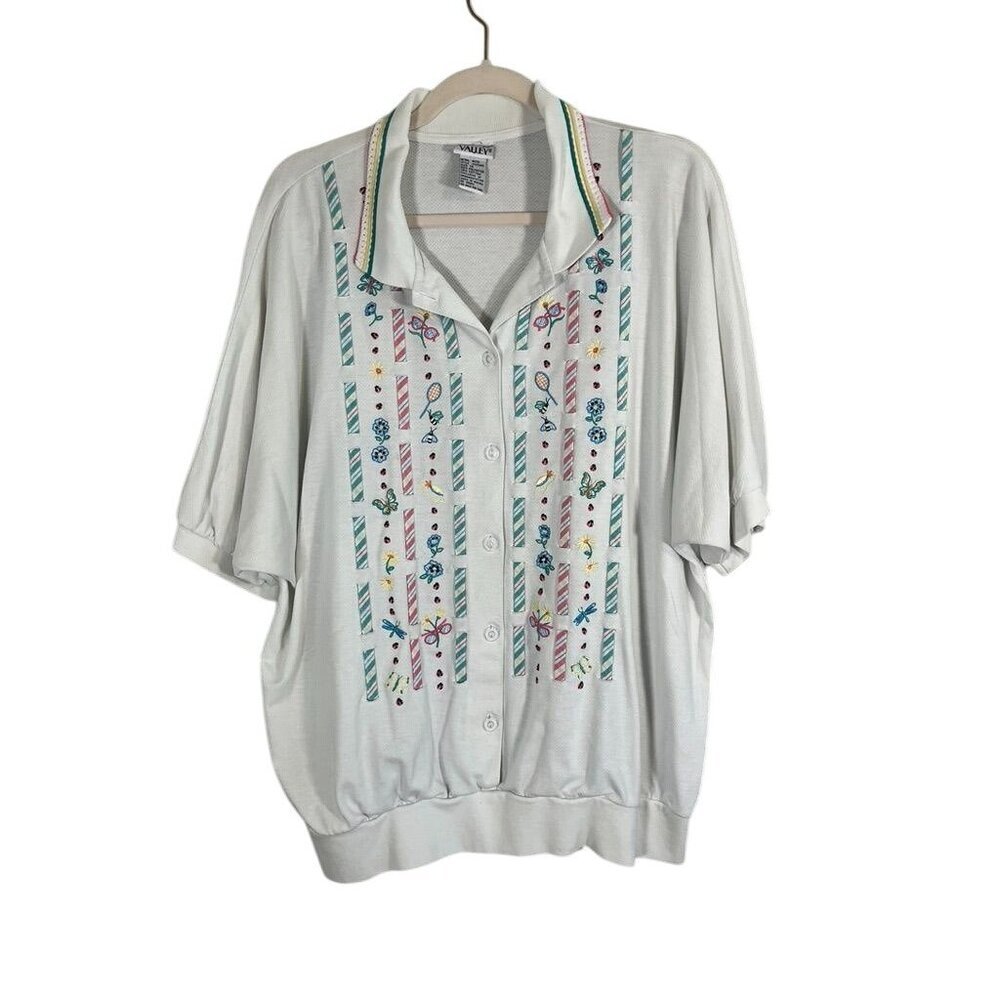 Retro Floral Embroidery Top 1X White Cottagecore‎ Preppy Old Money Classic Chic
